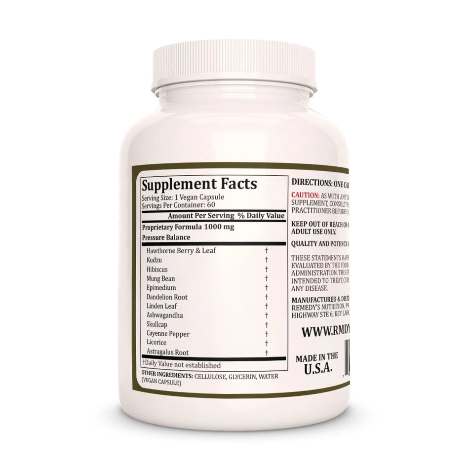 Image of Remedy's Nutrition® Pressure Balance Capsules Dietary Supplement with a Proprietary Herbal Blend back bottle. Made in the USA. Hawthorn Berry.
