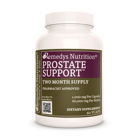 A bottle of Remedys Nutrition Prostate Support, a dietary supplement providing a 1000mg, two-month supply.
