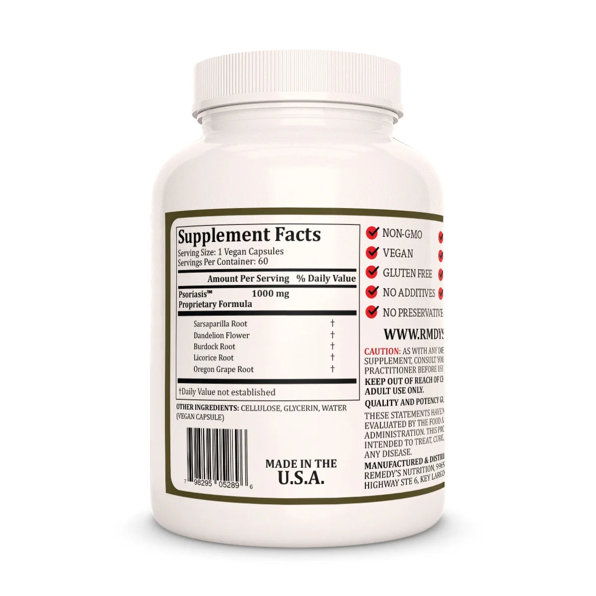 The Supplement Facts label for Remedy's Nutrition Psoriasis Formula, detailing its 1000mg formula.
