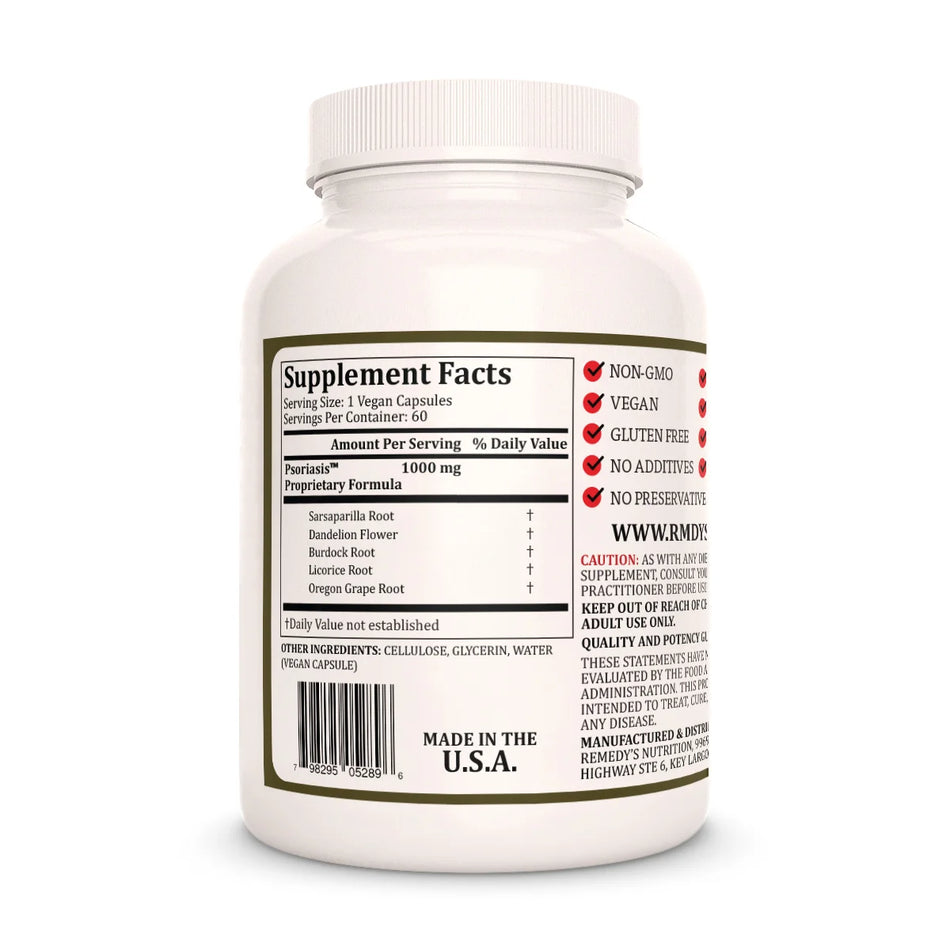 The Supplement Facts label for Remedy's Nutrition Psoriasis Formula, detailing its 1000mg formula.
