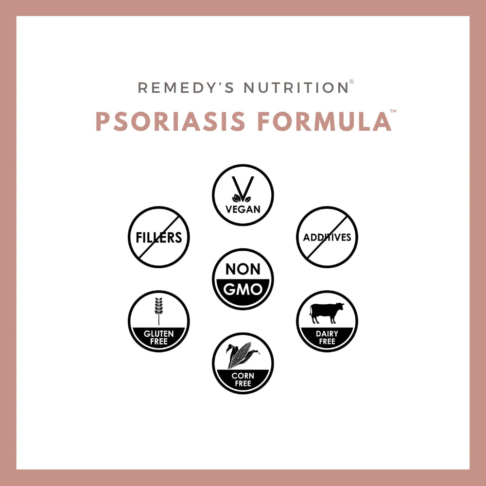An ad for Remedy's Nutrition Psoriasis Formula with icons showing it is vegan, non-GMO, and gluten-free.