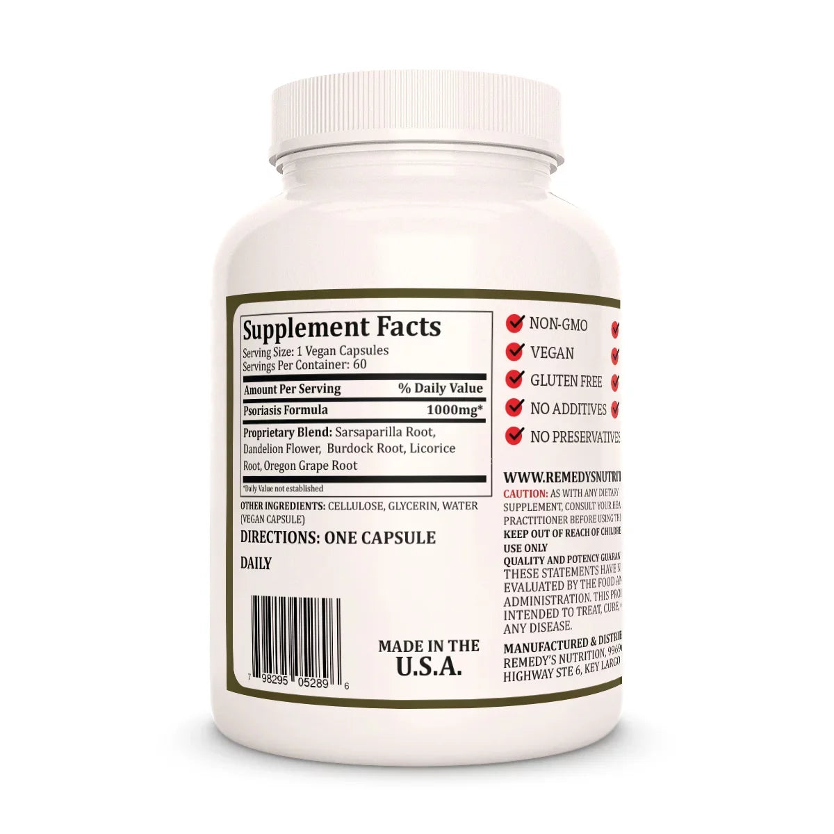 Image of Remedy's Nutrition® Psoriasis Formula™ back label. Supplement Facts Ingredients Sarsaparilla Licorice Oregon Grape  