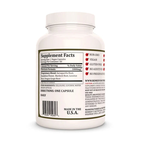 Image of Remedy's Nutrition® Psoriasis Formula™ back label. Supplement Facts Ingredients Sarsaparilla Licorice Oregon Grape  
