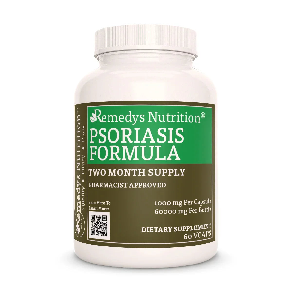 Image of Remedy's Nutrition® Psoriasis Formula™ Capsules Herbal Dietary Supplement bottle. Made in USA. Dandelion & Burdock. 