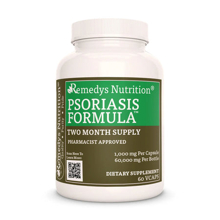 Bottle of Remedys Nutrition Psoriasis Formula, a dietary supplement providing a 1000mg, two-month supply.
