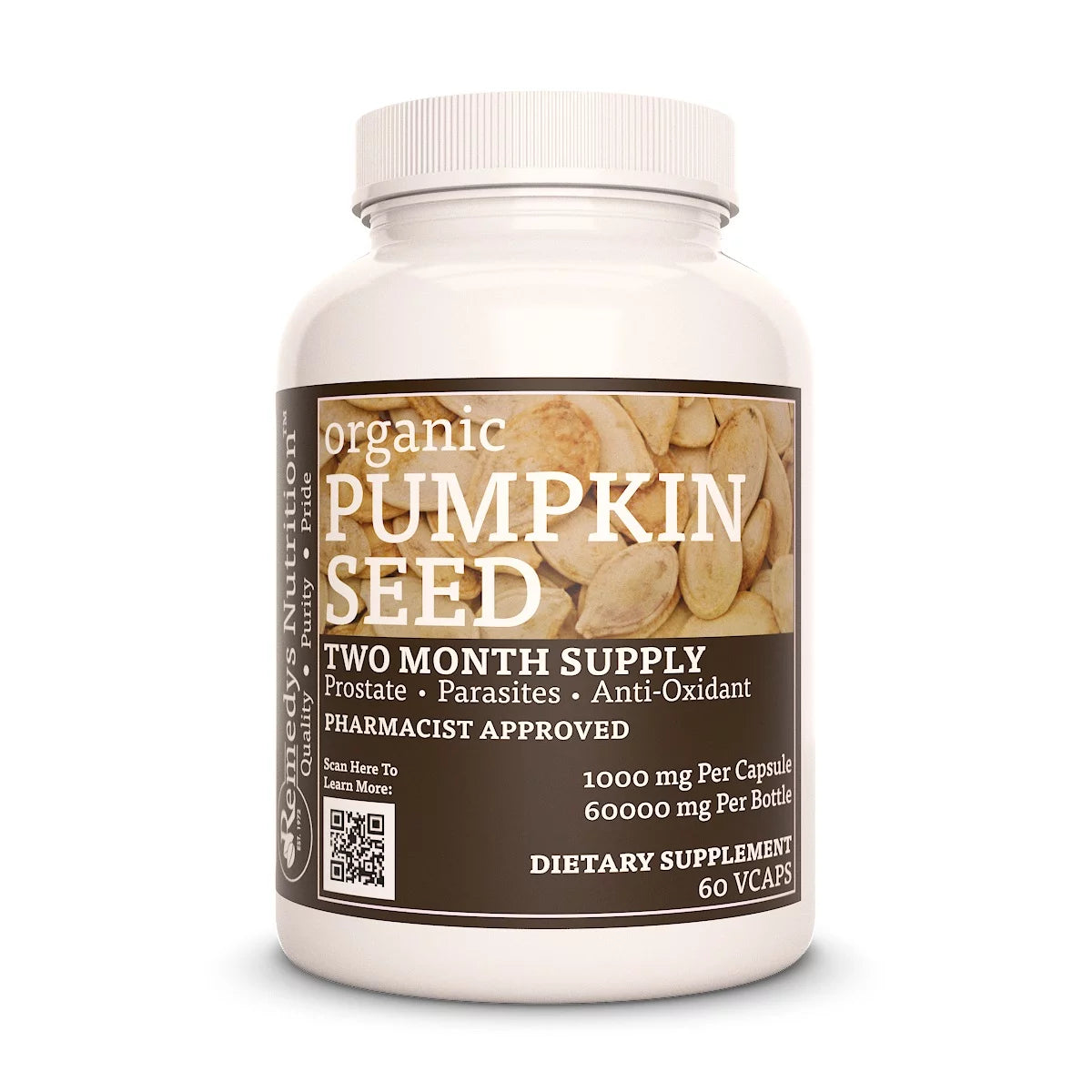 Image of Remedy's Nutrition® Pumpkin Seed Capsules Herbal Dietary Supplement front bottle. Made in the USA. Cucurbita maxima.