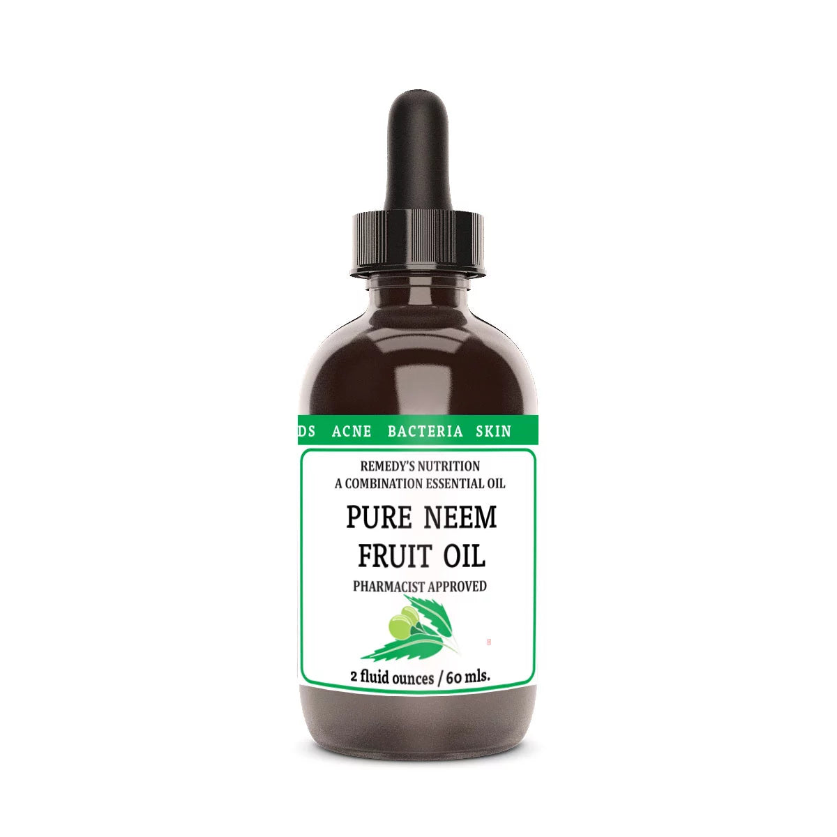 Image of Remedy's Nutrition® Pure Cold-Pressed Neem Topical Oil front bottle. Made in the USA. Azadirachta indica.