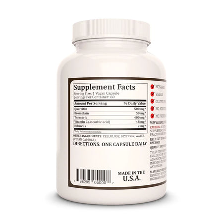 Image of Remedy's Nutrition® Quercetin & Bromelain back bottle. Supplement Facts, Ingredients: Vitamin C, Hibiscus, Turmeric