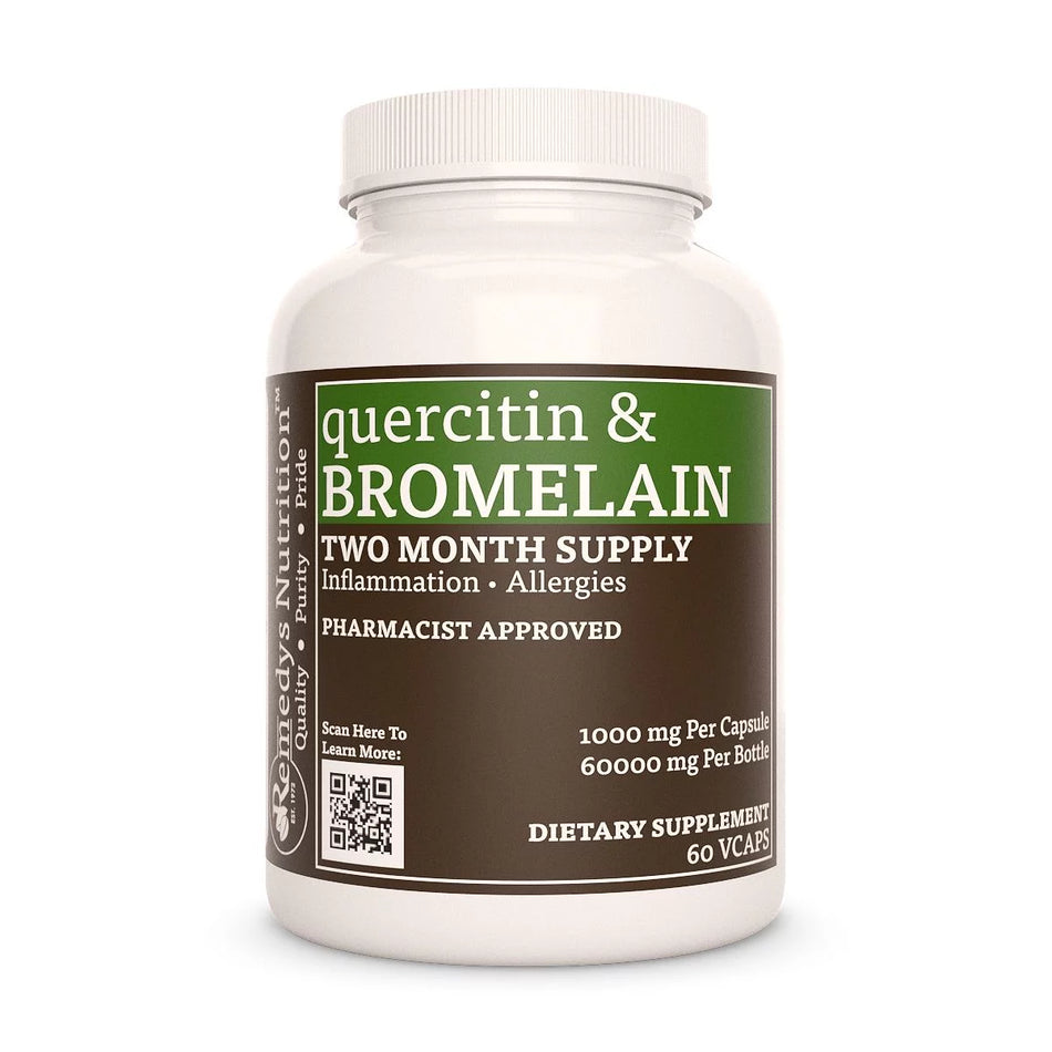 Image of Remedy's Nutrition® Quercetin & Bromelain Capsules Herbal Dietary Supplement front bottle. Made in the USA Vitamin C