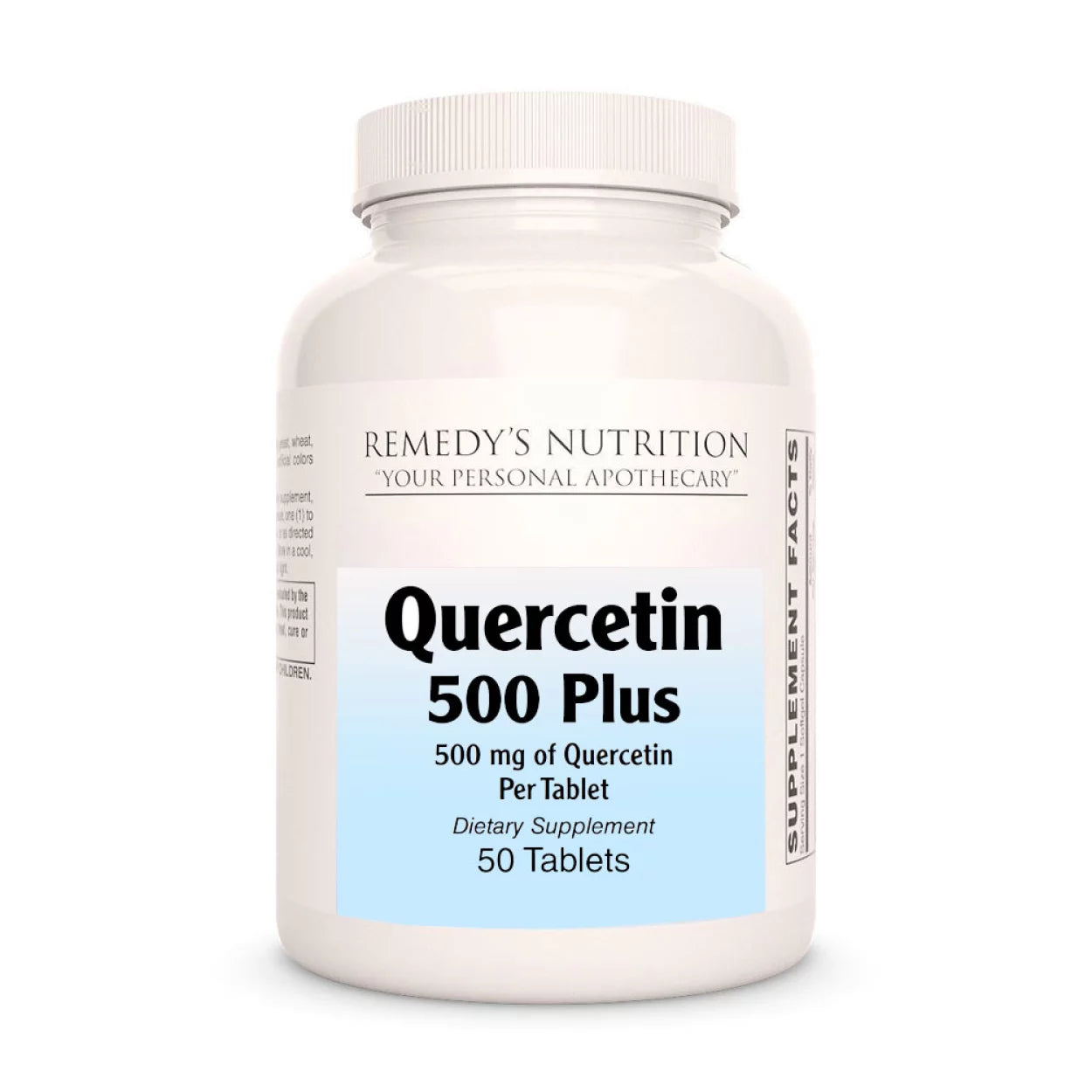 Image of Remedy's Nutrition® Quercetin Tablets Dietary Supplement front bottle. Pure, No Fillers.  50 Tablets