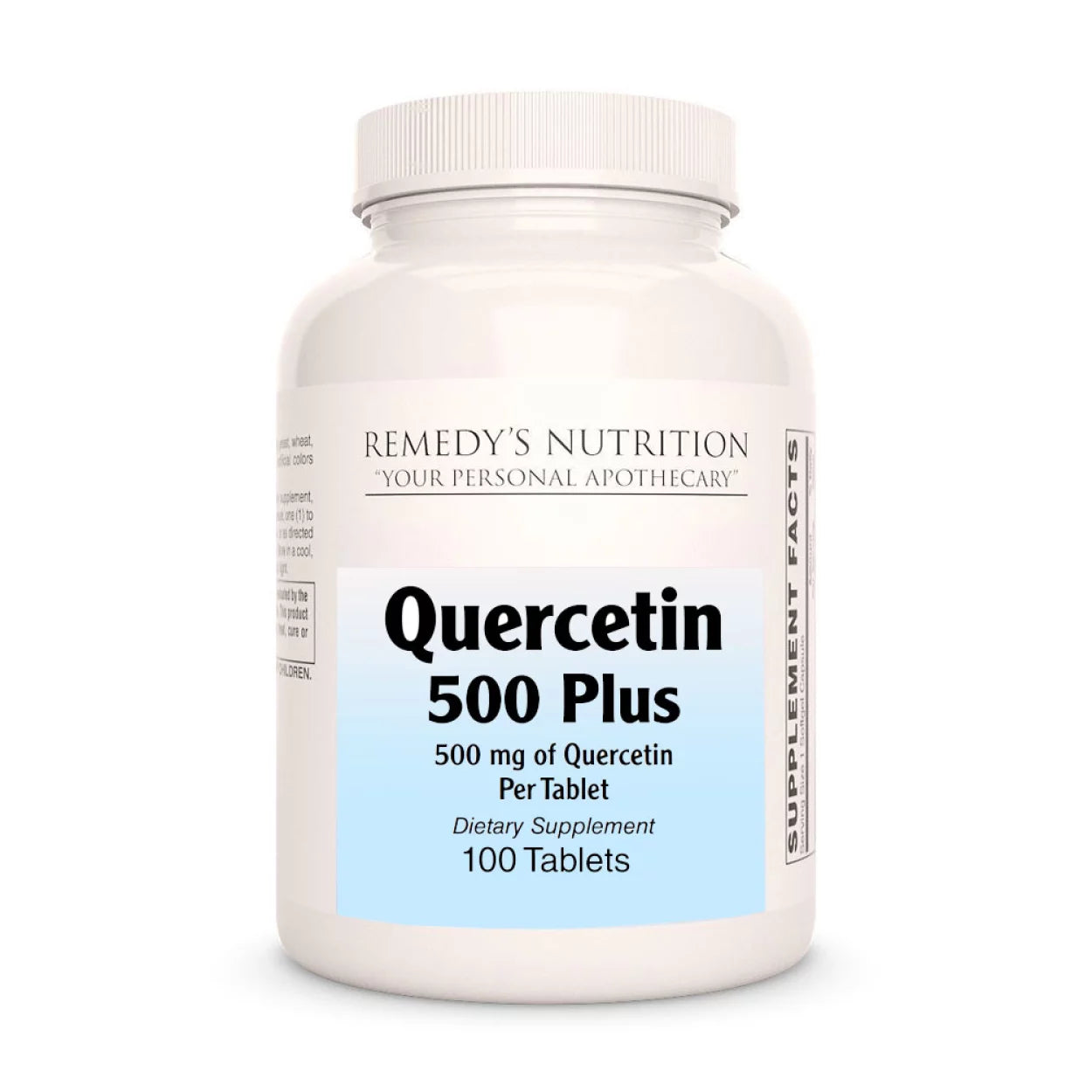 Image of Remedy's Nutrition® Quercetin Tablets Dietary Supplement front bottle. Pure, No Fillers.  100 Tablets