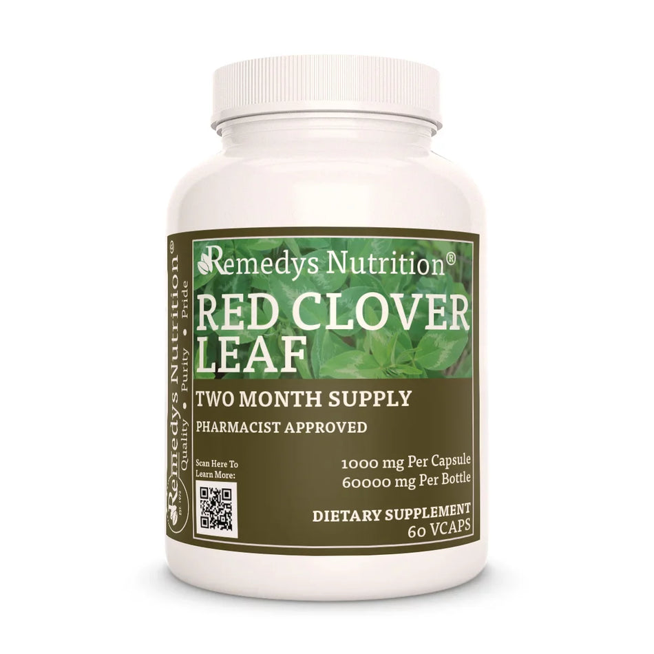 Image of Remedy's Nutrition® Red Clover Leaf Capsules Herbal Dietary Supplement front bottle. Made in the USA. Trifolium pratense