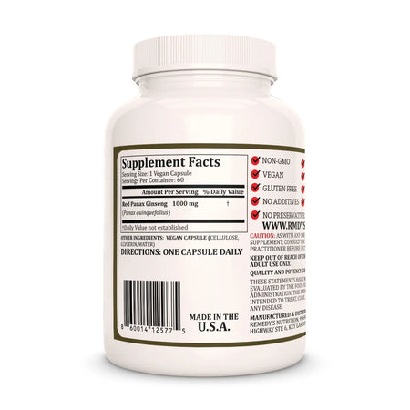  Remedy's Nutrition® Panax Ginseng back label. Supplement Facts, Ingredients and Directions. Panax quinquefolius.