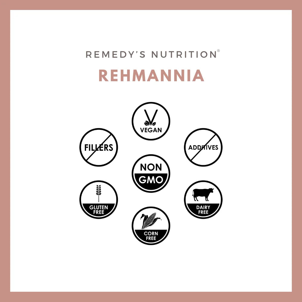 An ad for Remedy's Nutrition Rehmannia with icons showing it is vegan, non-GMO, and gluten-free.