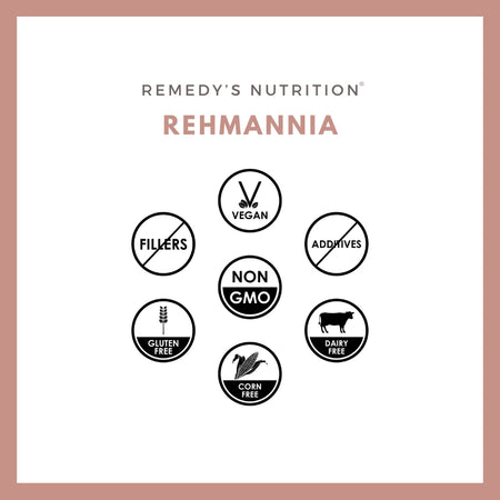 An ad for Remedy's Nutrition Rehmannia with icons showing it is vegan, non-GMO, and gluten-free.