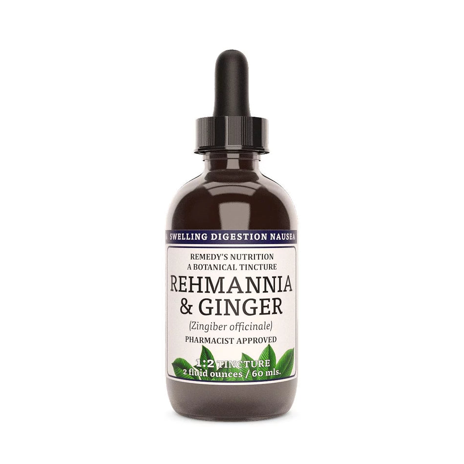 Image of Remedy's Nutrition® Rehmannia & Ginger Tincture Herbal Dietary Supplement bottle. Made in USA. Zingiber officinale.