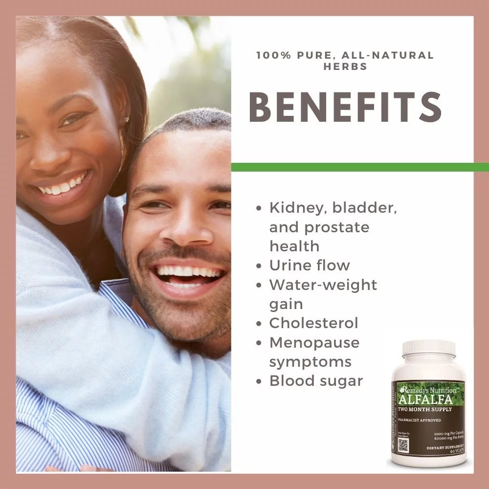 An ad for Remedy's Nutrition Alfalfa supplement shows a happy couple and lists its health benefits.