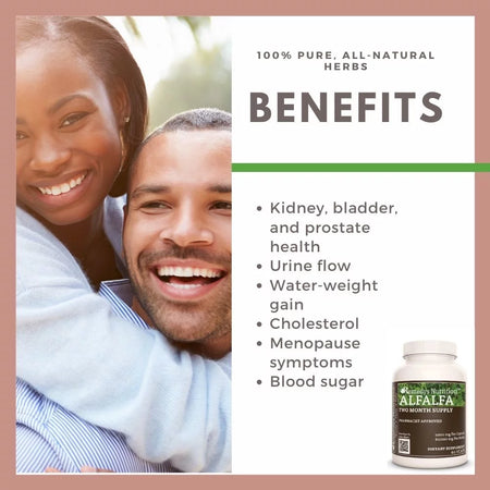 An ad for Remedy's Nutrition Alfalfa supplement shows a happy couple and lists its health benefits.
