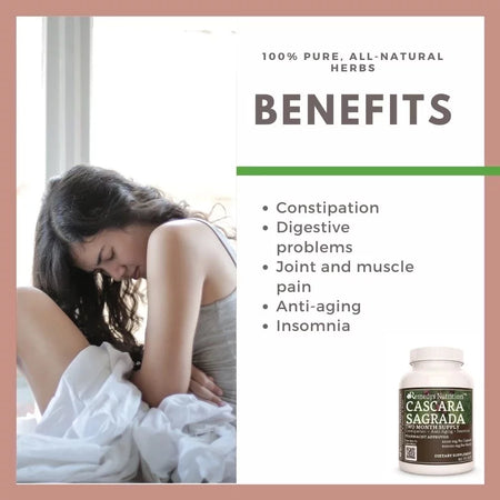 An ad for Remedy's Nutrition Cascara Sagrada shows a woman in pain and lists digestive benefits.
