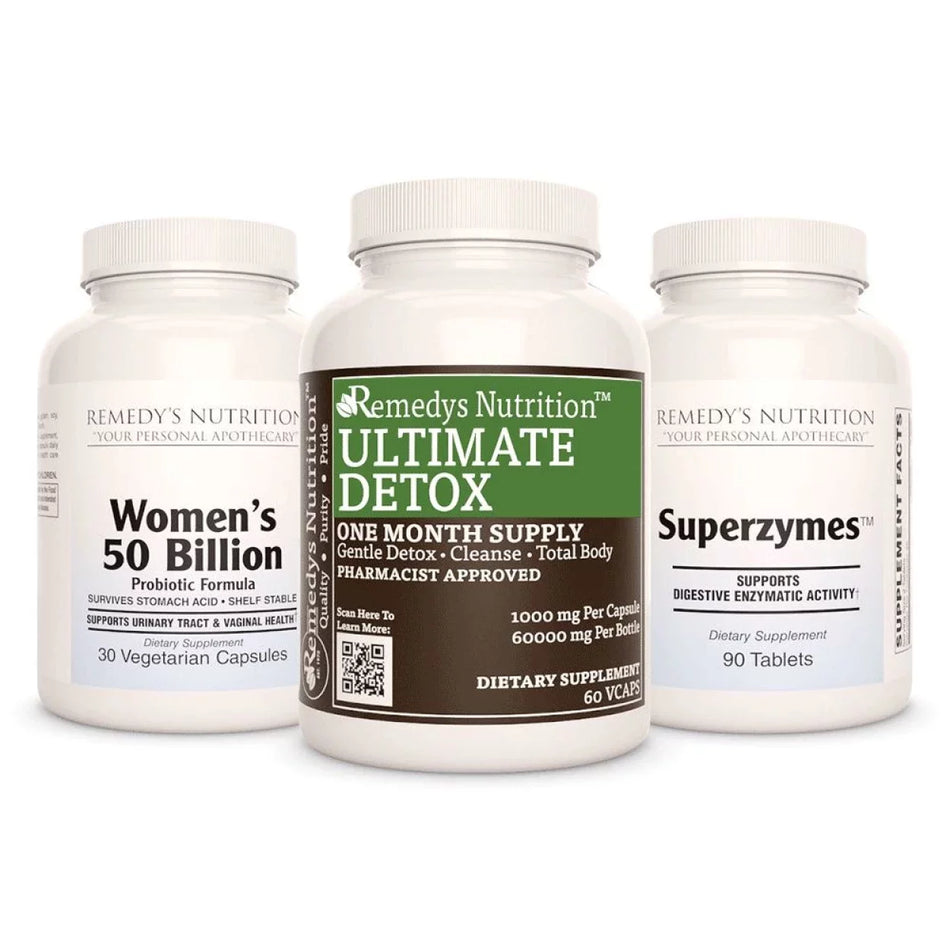 Image of Remedy's Nutrition® Constipation Power Pack™ contains Women's 50 Billion Probiotic, Ultimate Detox™, and Superzymes™