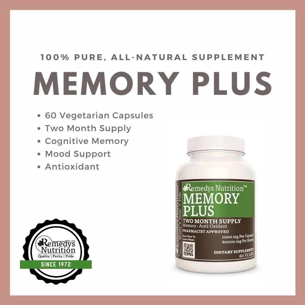 Image of Remedy's Nutrition® Memory Plus™ Ingredients Ashwagandha, Ginkgo biloba, Ginseng, Gotu Kola, Rosemary,  Yerba Mate. 
