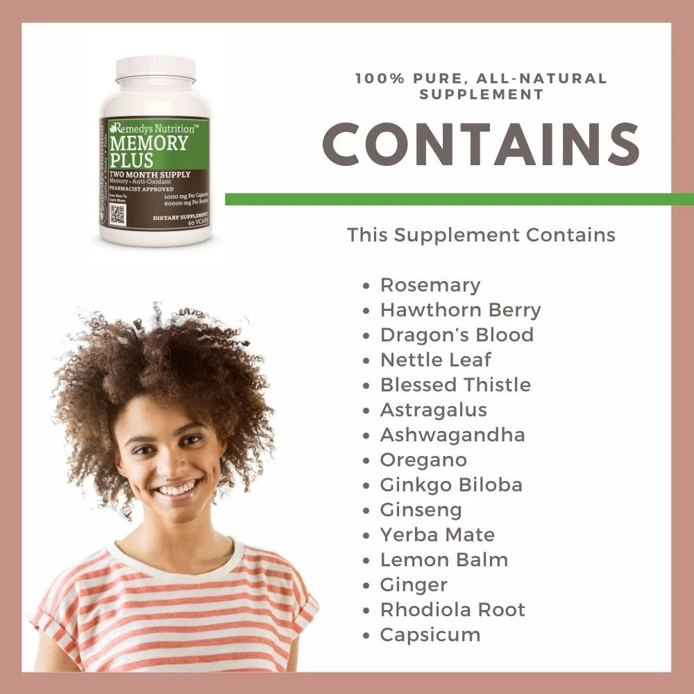 Image of Remedy's Nutrition® Memory Plus™ Ingredients Ashwagandha, Ginkgo biloba, Ginseng, Gotu Kola, Rosemary,  Yerba Mate. 