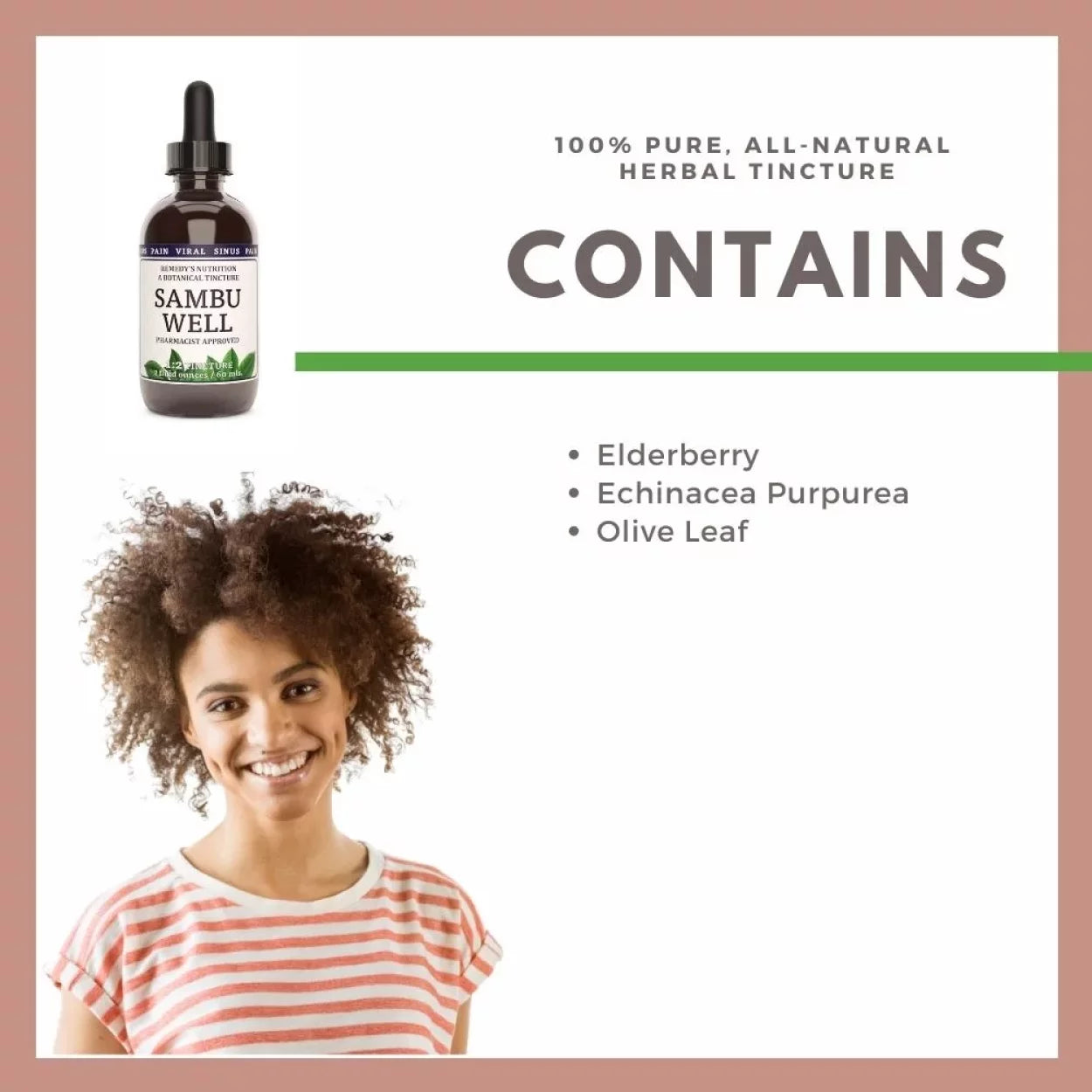 Image of Remedy's Nutrition® Sambu Well Tincture Dietary Supplement bottle. Made in USA. Elderberry, Echinacea, Olive Leaf.