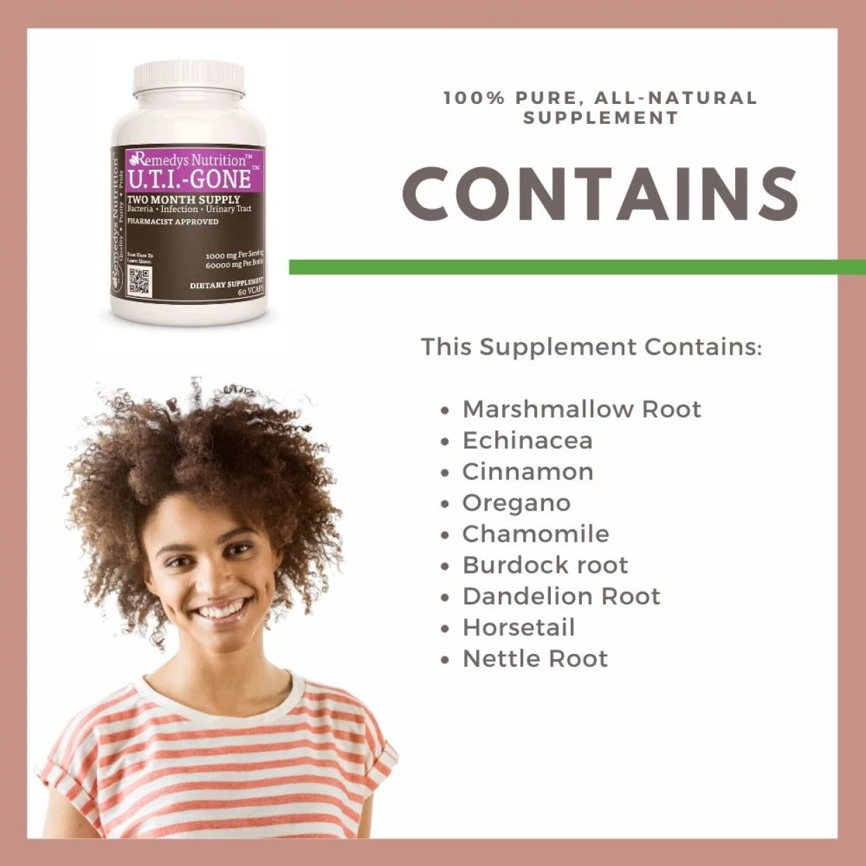 Image of Remedy's Nutrition® U.T.I. Gone™ capsule ingredients: Marshmallow, Oregano, Chamomile, Burdock, Dandelion, Horsetail.