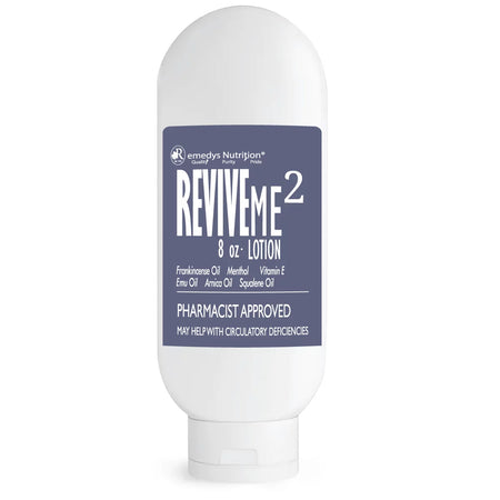 Image of Remedy's Nutrition® ReviveMe2™ Lotion for Pain Relief front bottle. Menthol, Frankincense Vitamin E. Made in the USA.