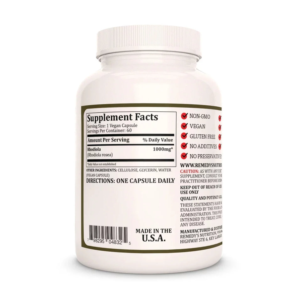 Image of Remedy's Nutrition® Rhodiola Root back bottle label. Supplement Facts, Ingredients and Directions. Rhodiola rosea. 