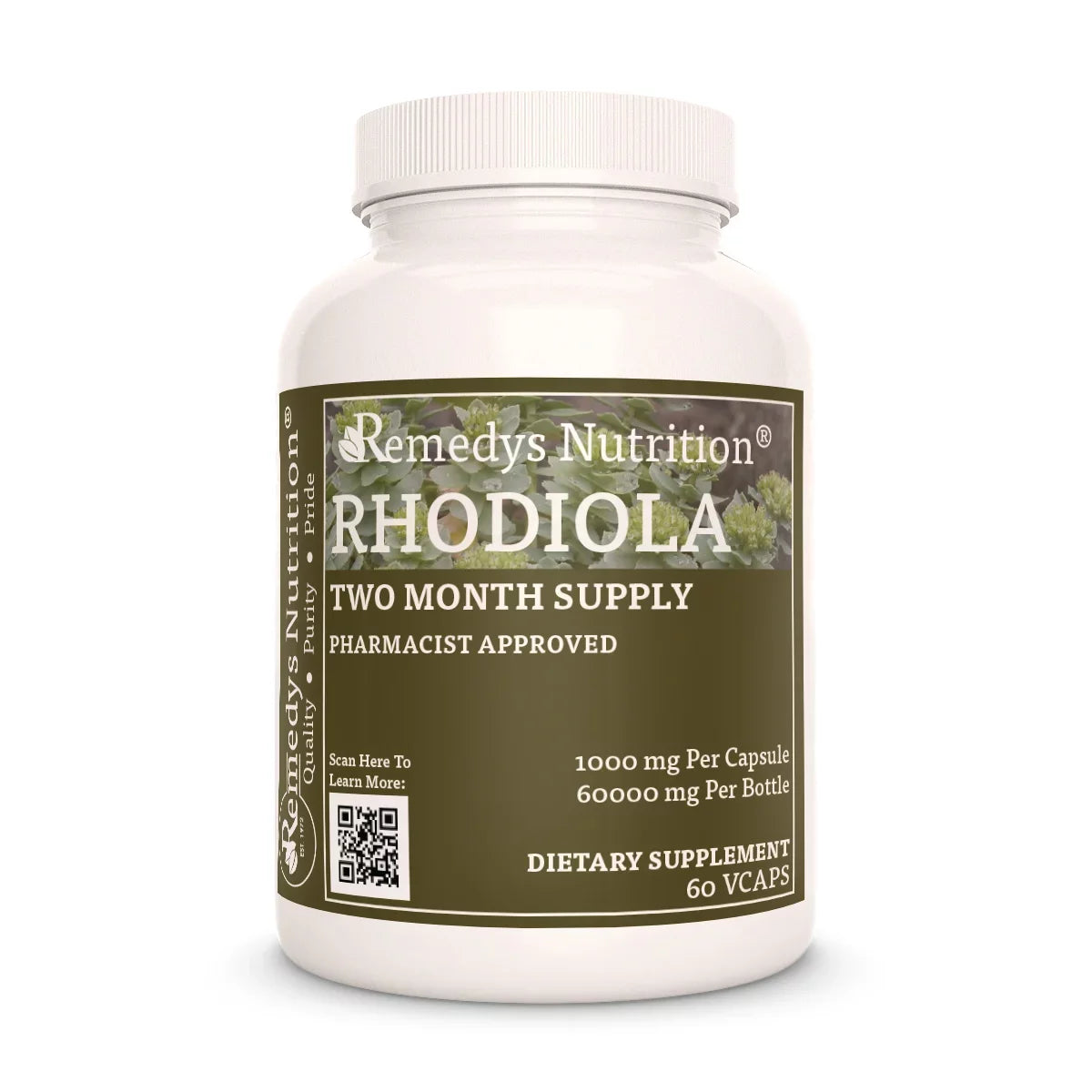 Image of Remedy's Nutrition® Rhodiola Root Capsules Herbal Dietary Supplement front bottle. Made in the USA. Rhodiola rosea. 