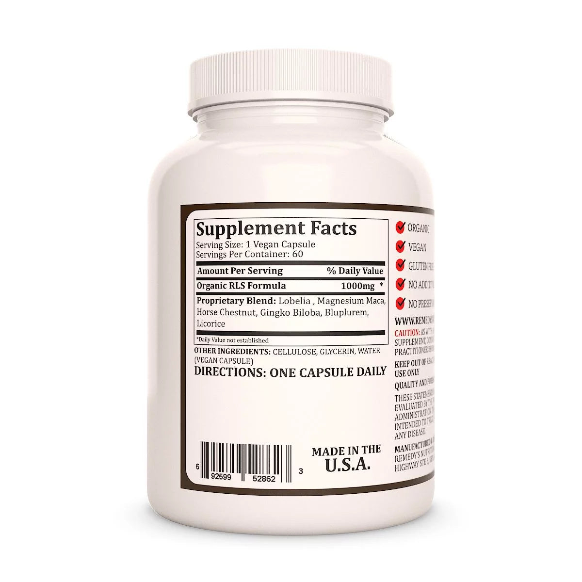 Image of Remedy's Nutrition® RLS Formula™ back bottle label. Supplement Facts, Ingredients: Magnesium, Horse Chestnut, Gingko