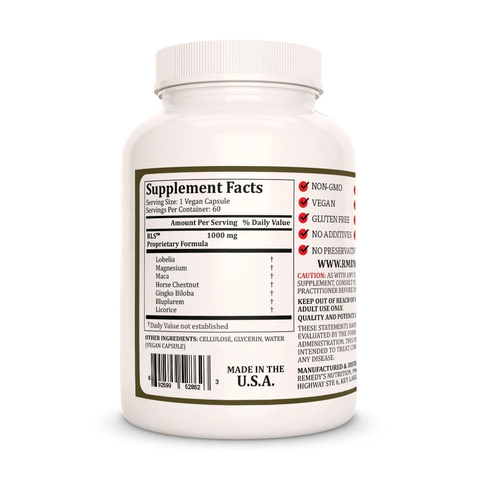 The Supplement Facts label for Remedy's Nutrition RLS Formula, detailing its 1000mg formula.
