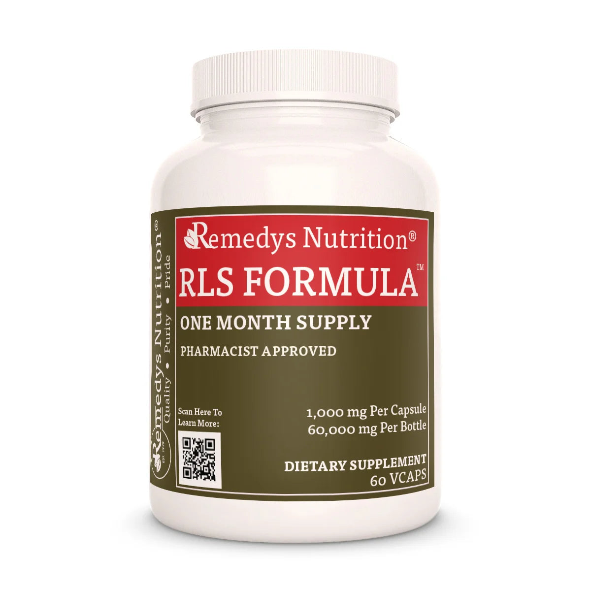 A bottle of Remedy's Nutrition RLS Formula, a dietary supplement providing a 1000mg, one-month supply.