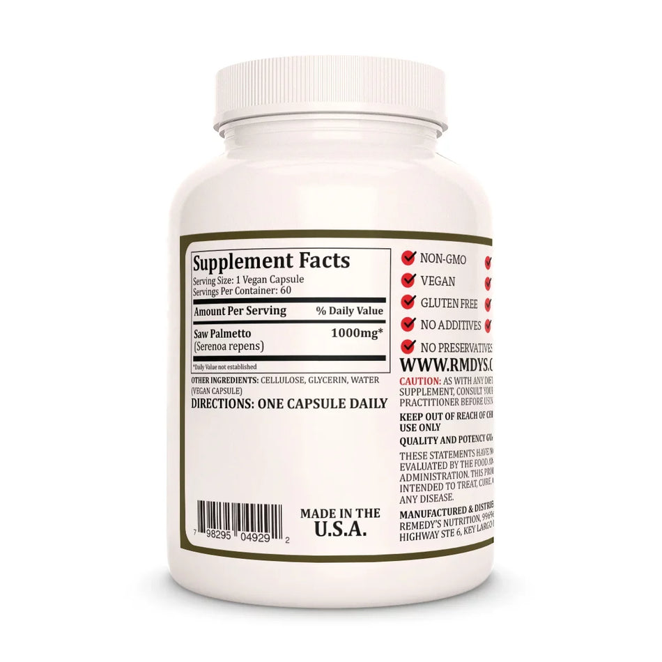 Image of Remedy's Nutrition® Saw Palmetto back bottle label. Supplement Facts, Ingredients and Directions. Serenoa repens.