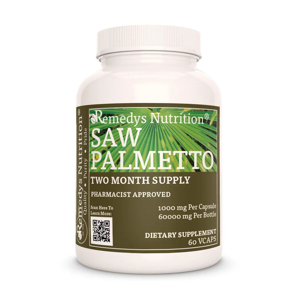 Image of Remedy's Nutrition® Saw Palmetto Capsules Herbal Dietary Supplement front bottle. Made in the USA. Serenoa repens.