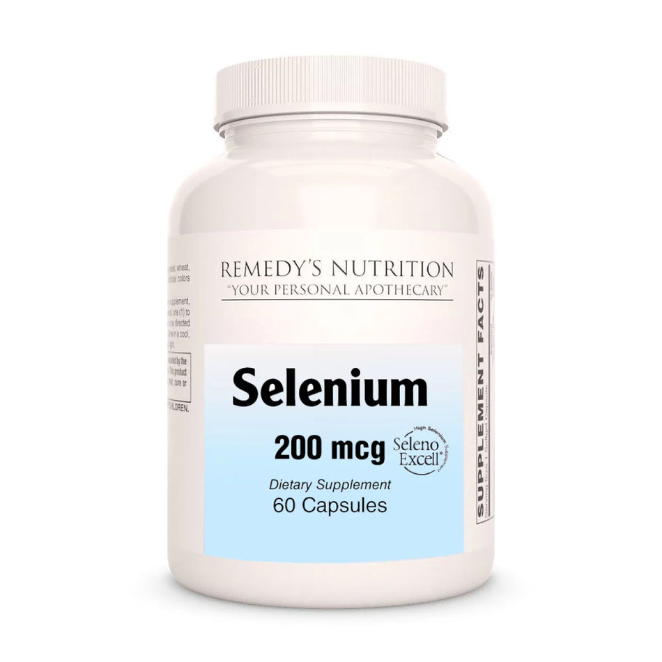 Image of Remedy's Nutrition® Selenium Capsules Dietary Supplement front bottle. 200mcg per Capsule. 