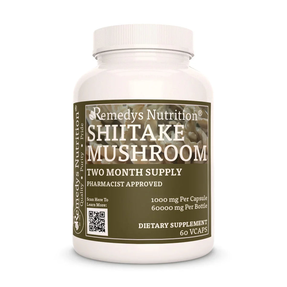 Image of Remedy's Nutrition® Shiitake Mushroom Capsules Herbal Dietary Supplement bottle. Made in the USA. Lentinula edodes.