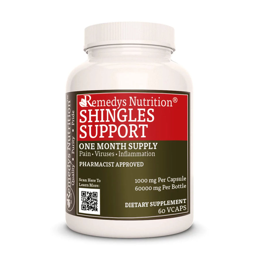Image of Remedy's Nutrition® Shingles Support™ Capsules Herbal Dietary Supplement front bottle. Made in the USA.