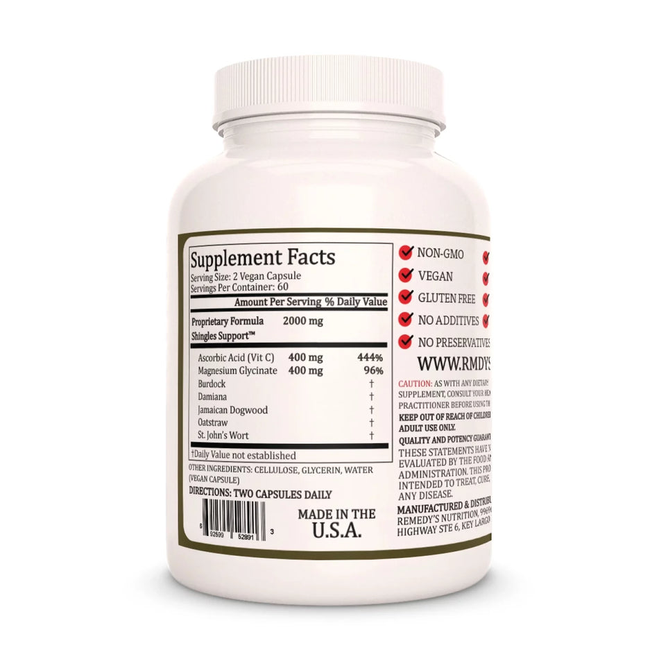 Image of Remedy's Nutrition® Shingles Support™ Capsules Herbal Dietary Supplement back bottle. Made in the USA. Magnesium, Vitamin C