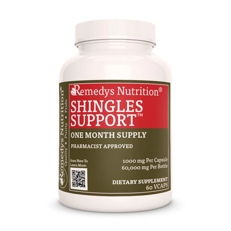 Image of Remedy's Nutrition® Shingles Support™ Capsules Herbal Dietary Supplement front bottle. Made in the USA. Burdock, St John's Wort.