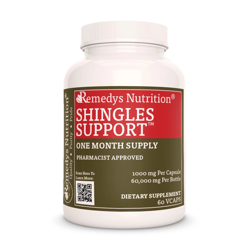 Image of Remedy's Nutrition® Shingles Support™ Capsules Herbal Dietary Supplement front bottle. Made in the USA. Burdock, St John's Wort.