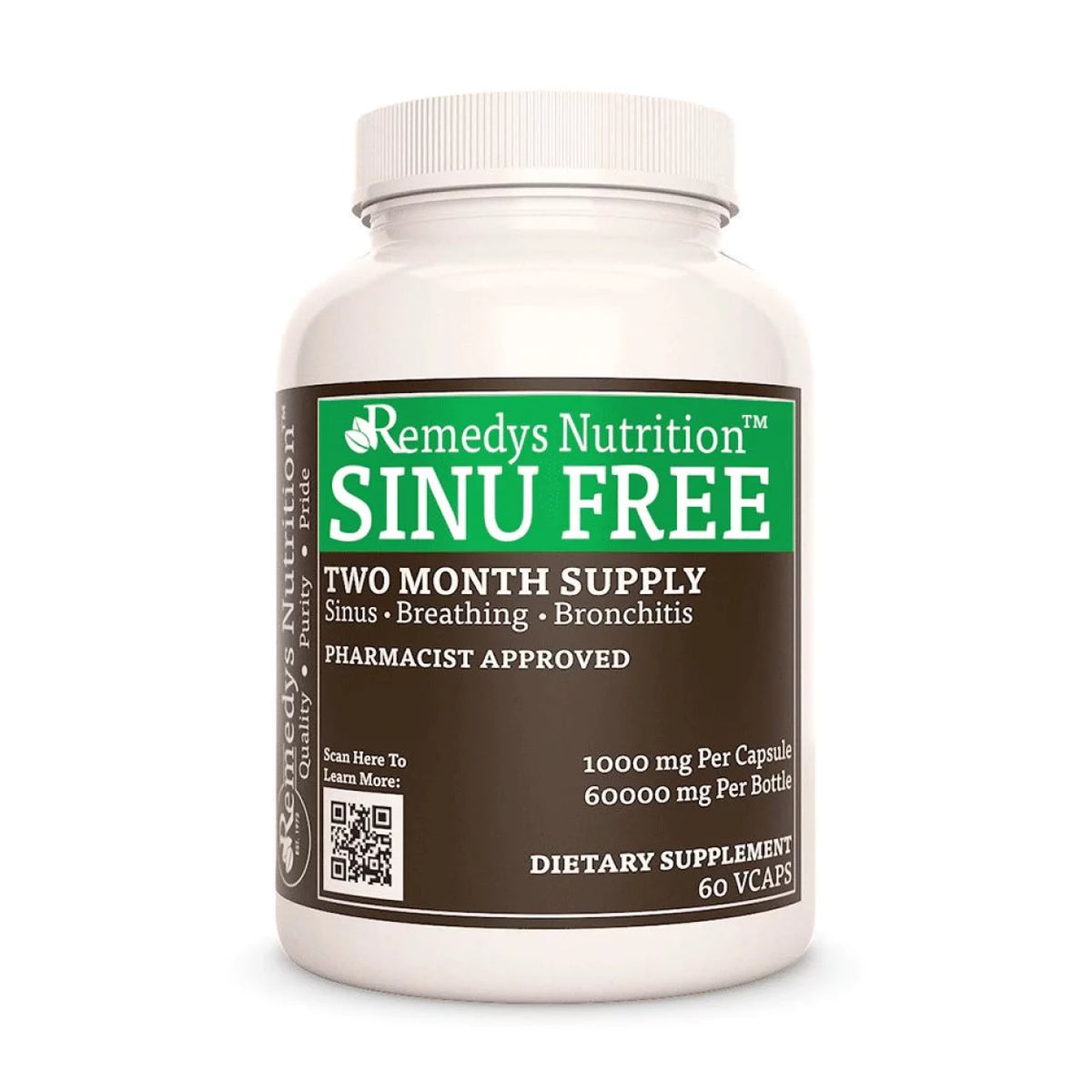 Image of Remedy's Nutrition® Sinu Free™ Capsules Herbal Dietary Supplement bottle. Made in USA Horseradish Garlic & Fenugreek
