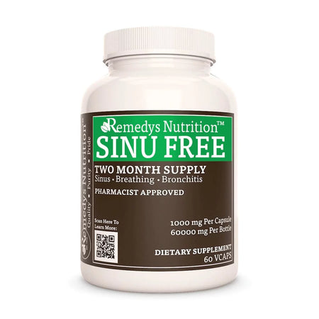 Image of Remedy's Nutrition® Sinu Free™ Capsules Herbal Dietary Supplement bottle. Made in USA Horseradish Garlic & Fenugreek