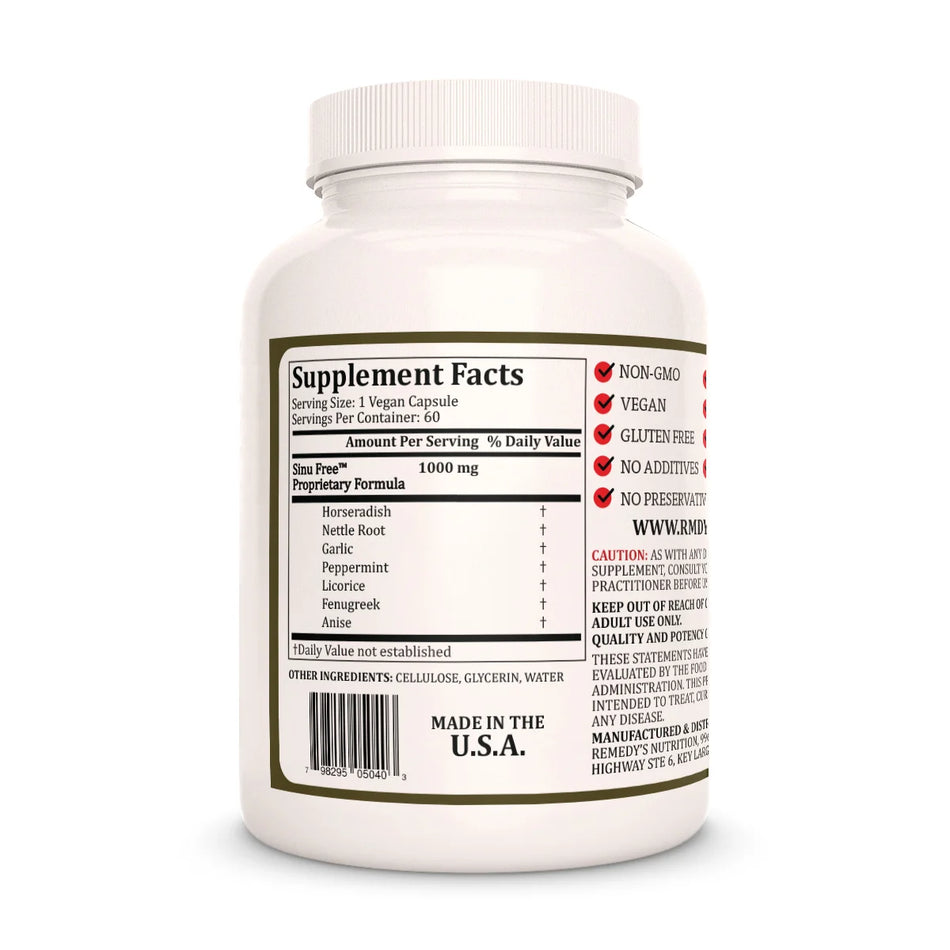 The back of a Remedy's Nutrition 'Sinu Free' supplement bottle, showing the supplement facts and ingredients.