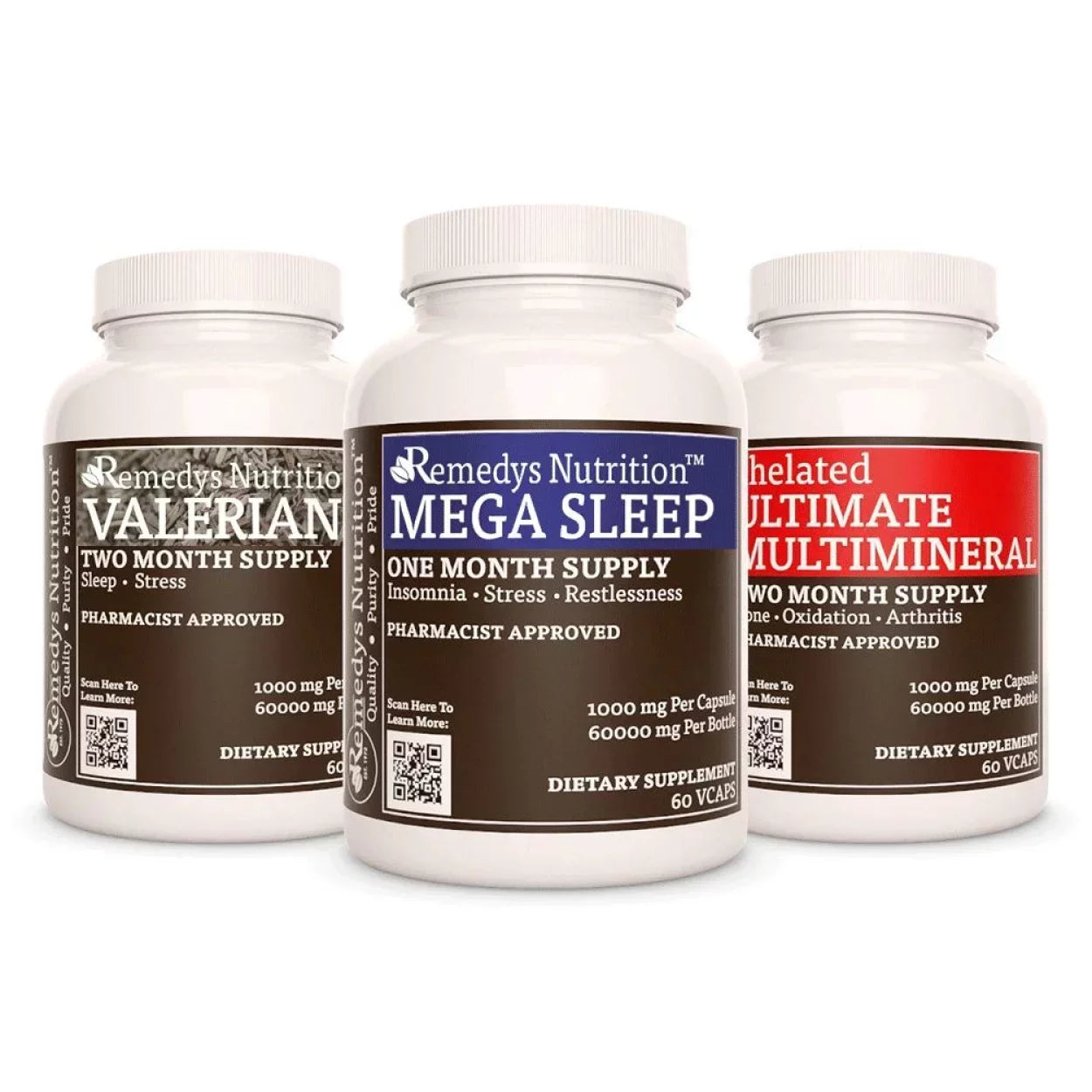 Remedy's Nutrition® Sleep Power Pack™ contains 1 bottle of Mega Sleep™, Chelated Ultimate Multimineral™ & Valerian Capsules.
