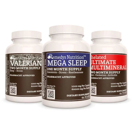 Remedy's Nutrition® Sleep Power Pack™ contains 1 bottle of Mega Sleep™, Chelated Ultimate Multimineral™ & Valerian Capsules.