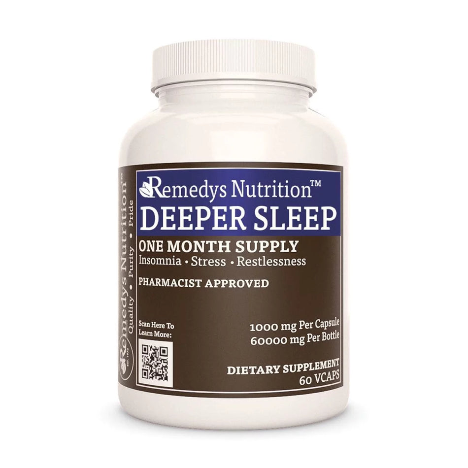Image of Remedy's Nutrition® Deeper Sleep™ Capsules Herbal Sleep Support Supplement front bottle. Made in the USA. Insomnia.