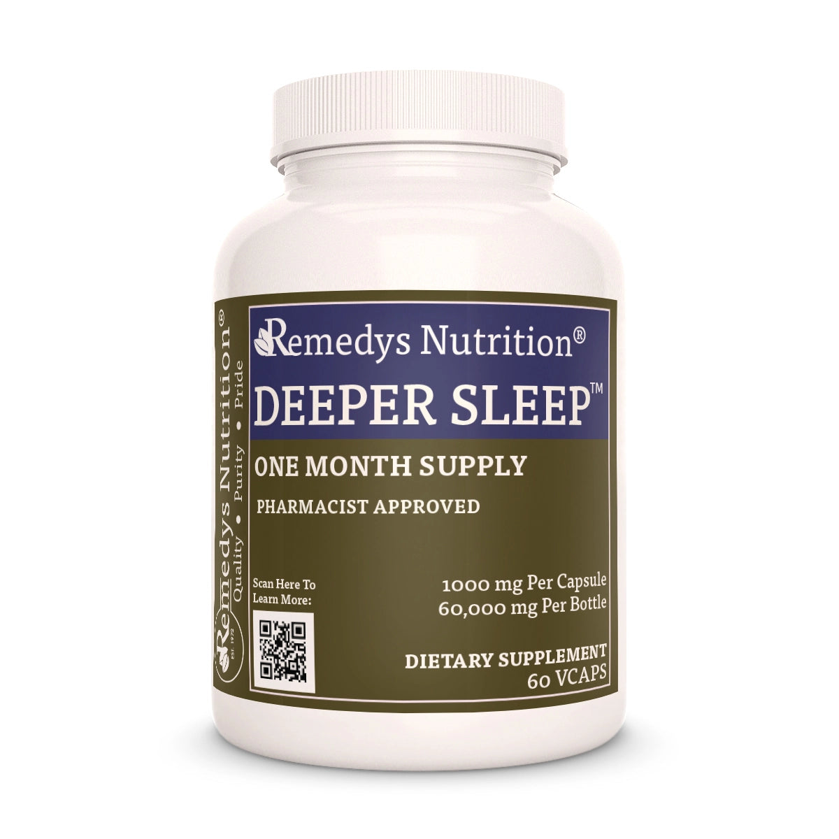 Image of Remedy's Nutrition® Deeper Sleep™ Capsules Herbal Sleep Support Supplement front bottle. Made in the USA. Insomnia.