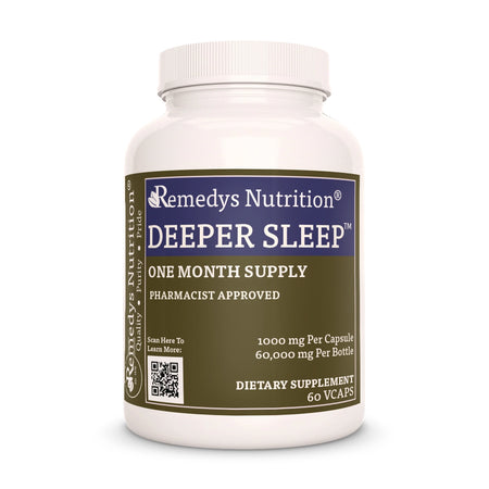 Image of Remedy's Nutrition® Deeper Sleep™ Capsules Herbal Sleep Support Supplement front bottle. Made in the USA. Insomnia.